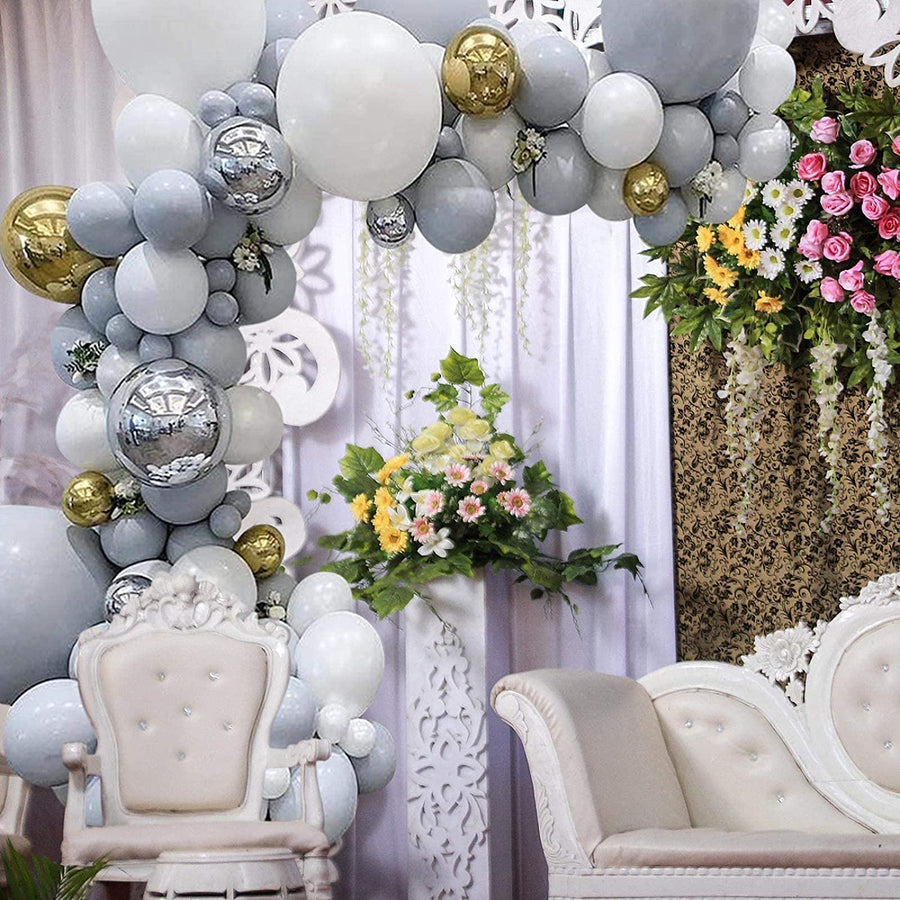 100PCS Balloon Arch Kit White Grey Balloon Garland Birthday Decoration with Gold Balloons & Balloon Strip & Knotter for Boy Girl Happy Birthday Party