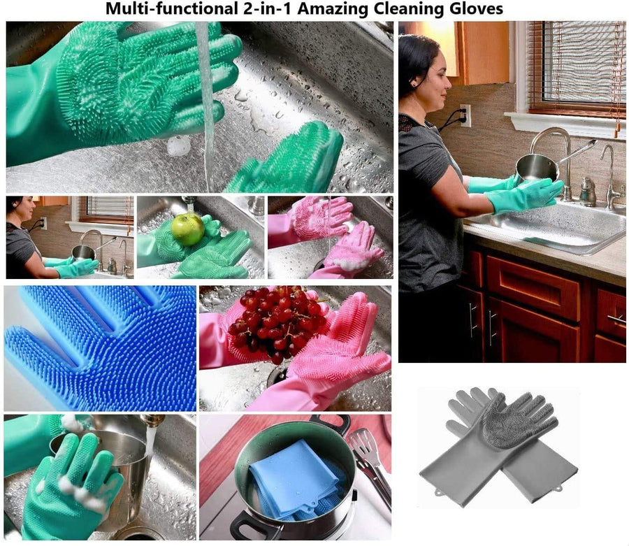 Dishwashing Cleaning Sponge Gloves Reusable Silicone Brush Scrubber Gloves Heat Resistant for Kitchen Bathroom Cleaning Pet Hair Care Car Washing