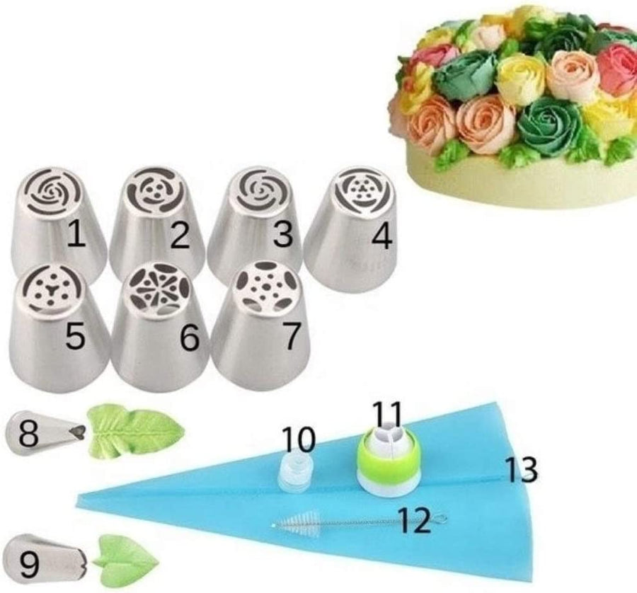 13pcs/Set Cake Decorating Equipment Icing Decoration Kit Russian Piping Nozzles + Silicone Pastry Bags Tool Piping Cream Stainless Steel Nozzles