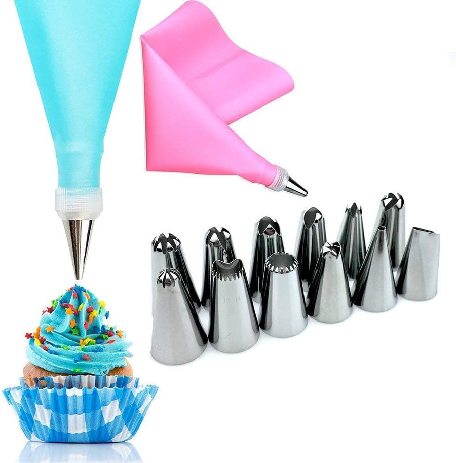 Cake Decorating Set, 14-Piece Piping Bag and Nozzle Set with Silicone Bag, 12 Nozzles, 1 Coupler