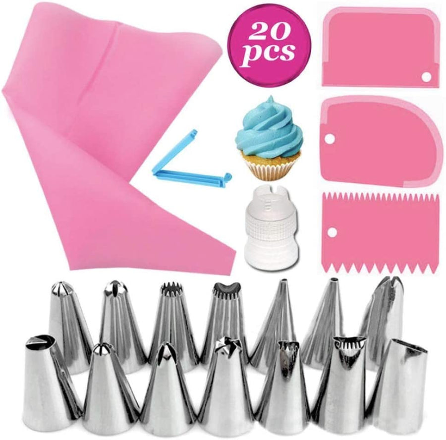 KOKSI 20-Piece Cake Decorating Kit with Silicone Pastry Bag, 14 Piping Tips, 1 Coupler, 3 Cake Scrapers