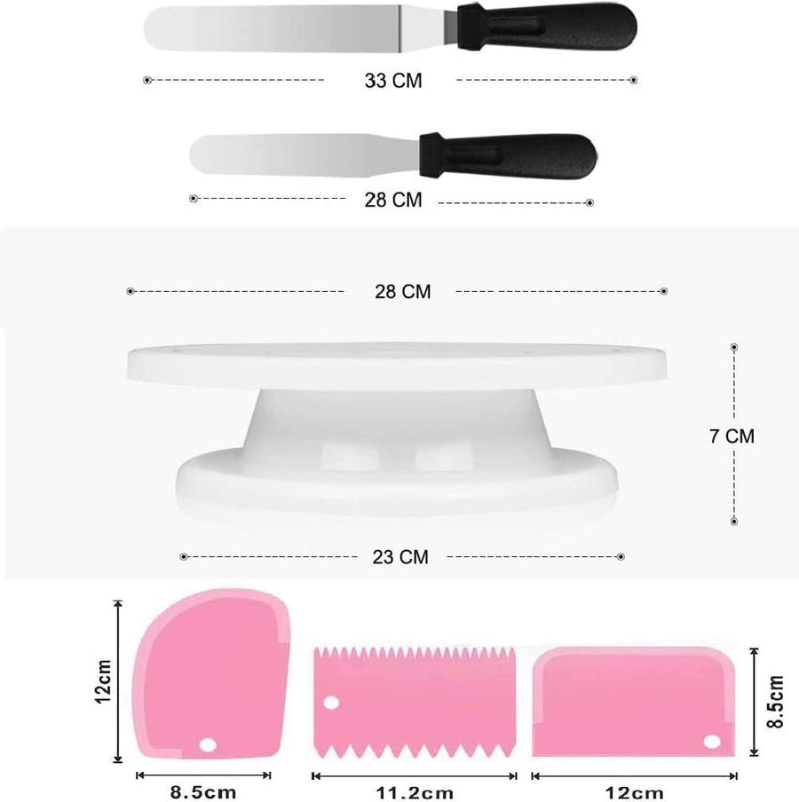 KOKSI Cake Decorating Set 28cm Rotating Plate 3 Icing Smoother Cake Scrapers 50 Pastry Piping Bags 12 Cake Piping Nozzles Tips 2 Coupler 2 Spatulas