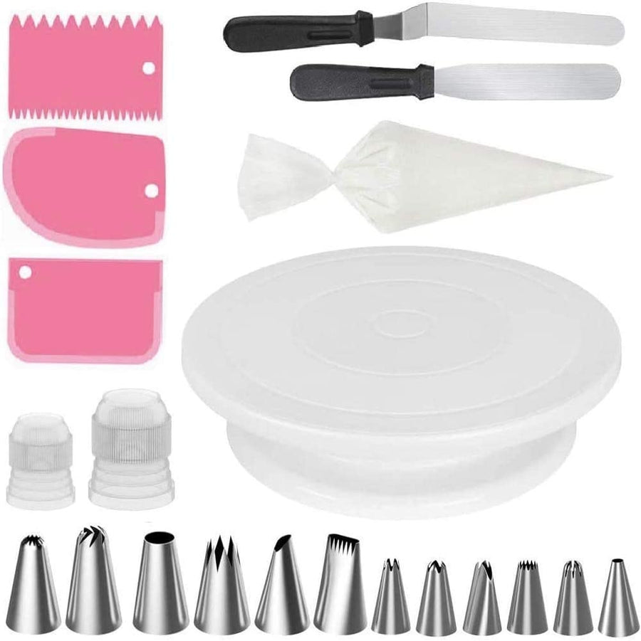 KOKSI Cake Decorating Set 28cm Rotating Plate 3 Icing Smoother Cake Scrapers 50 Pastry Piping Bags 12 Cake Piping Nozzles Tips 2 Coupler 2 Spatulas