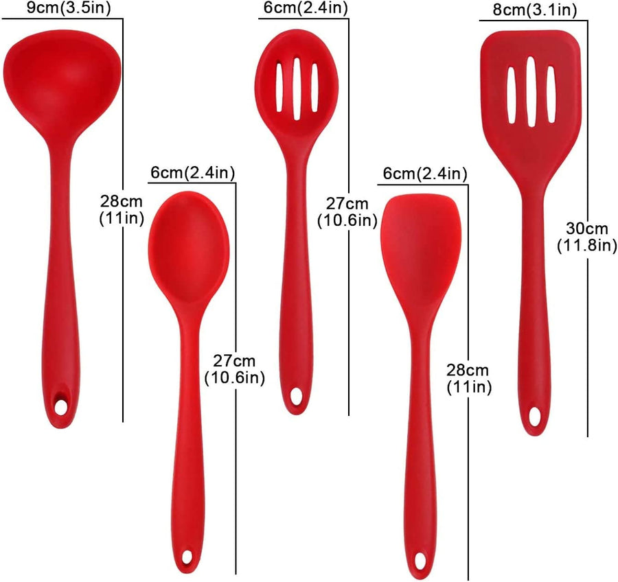 Utensil Set Silicone Cooking Utensils Non-Stick Cookware Kitchen Heat Resistant Baking Set Spatula Turner Ladle Slotted Spoon Soup, RED - Pack of 5