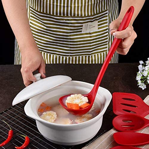 Utensil Set Silicone Cooking Utensils Non-Stick Cookware Kitchen Heat Resistant Baking Set Spatula Turner Ladle Slotted Spoon Soup, RED - Pack of 5