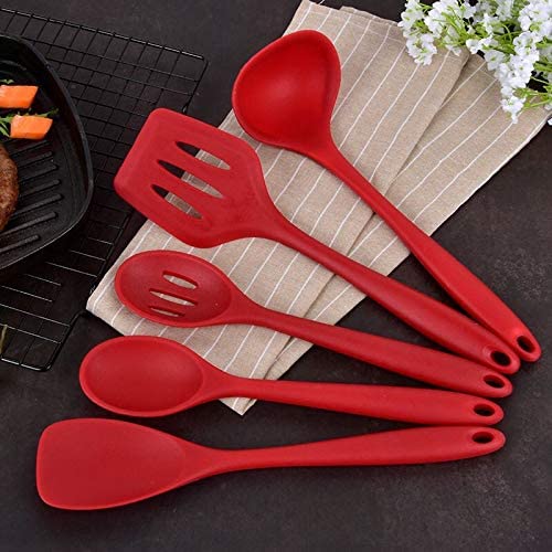 Utensil Set Silicone Cooking Utensils Non-Stick Cookware Kitchen Heat Resistant Baking Set Spatula Turner Ladle Slotted Spoon Soup, RED - Pack of 5