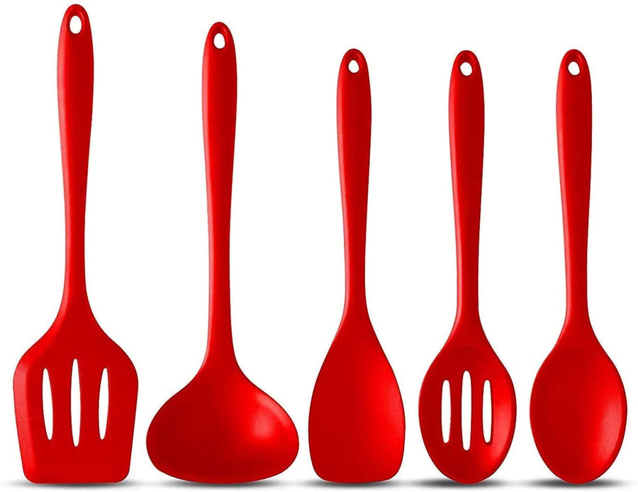 Utensil Set Silicone Cooking Utensils Non-Stick Cookware Kitchen Heat Resistant Baking Set Spatula Turner Ladle Slotted Spoon Soup, RED - Pack of 5